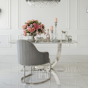 Ekskluzywne krzesło z podłokietnikami, nowoczesne, glamour, stalowe, półokrągłe, szare, srebrna OPERA OUTLET