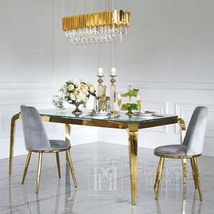 Dizainerio pietų stalas, puošnus, su stikliniu stalviršiu, plieninis, auksinis ELITE