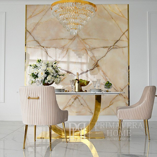 Ekskluzywny stół glamour do jadalni, nowoczesny, designerski, biały blat marmurowy, złoty ART DECO OUTLET