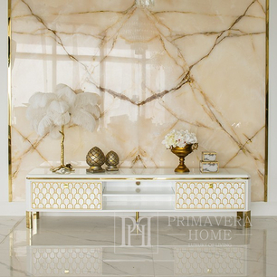 Glamor TV cabinet, high gloss, white, gold, GATSBY OUTLET style
