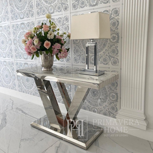 Moderne, glamouröse silberne Konsole mit weißer Marmorplatte für die Halle der LV COLLECTION