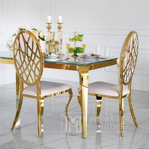 Luksusowe krzesło do jadalni, stalowe, nowoczesne, beżowe, złote AZURO