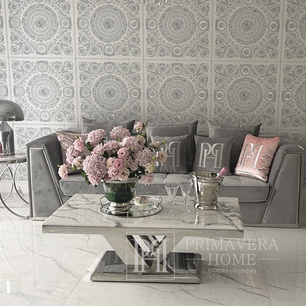Nowoczesny stolik kawowy do salonu, glamour, biały konglomerat, srebrny LV COLLECTION