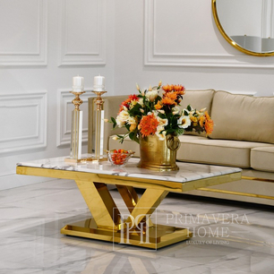 Moderner, glamouröser Couchtisch mit weißer Platte, goldene LV COLLECTION