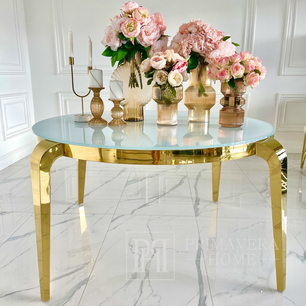 Dizainerio pietų stalas, puošnus, su stikliniu stalviršiu, plieninis, auksinis ELITE [CLONE]
