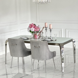 Stół glamour z białym szklanym blatem, srebrny,, stalowy, nowoczesny, designerski ELITE