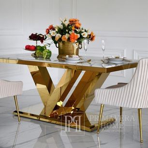 Išskirtinis glamūrinis pietų stalas, modernus, su baltu konglomeratu, auksinis LV COLLECTION