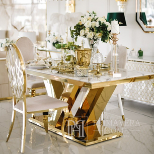 Exklusiver Glamour-Esstisch, modern, weißer Marmor, goldene LV COLLECTION