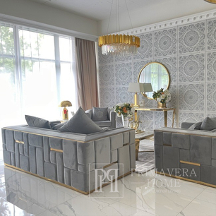 Sofa glamour nowoczesna, 3 osobowa, tapicerowana, luksusowa, szara złota EMPORIO