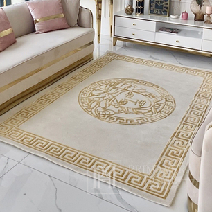 Exclusive carpet, with a medusa face, for the living room, dining room, Greek pattern, beige, gold MEDUSA GOLD