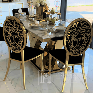 Exclusive glamor chair for the dining room, modern, steel black, gold MEDUSA