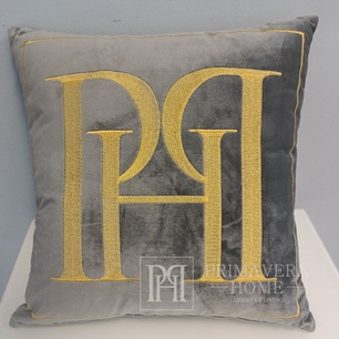 PH pillow 40x40 with a gray logo in a velor fabric with gold embroidery