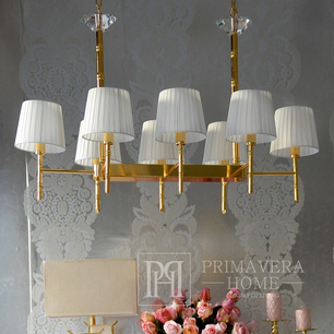 Żyrandol glamour podłużny nowojorski, lampa sufitowa klasyczna z białymi abażurami do jadalni, złoty ANGELO 100 cm