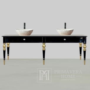 Glamour vonios konsolinis staliukas mediniams praustuvams su juodais ir auksiniais stalčiais QUEEN
