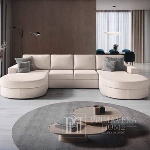 Modern glamor sofa, with two chaise longues, for the living room, rounded, foldable, comfortable corner boucle PARIS DOUBLE