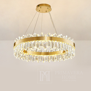 Krištolo sietynas, glamūrinis, auksinis, dizaineris, išskirtinis modernaus stiliaus, apvalus pakabinamas šviestuvas BULGARI M 80cm