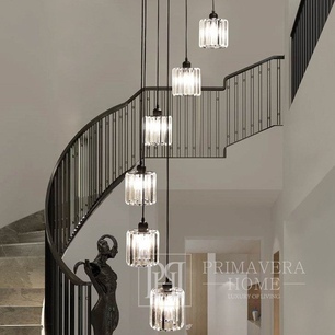 Żyrandol kryształowy, wiszący, złoty, designerski, ekskluzywny w stylu nowoczesnym, ze szklanymi kloszami, lampa wisząca nad schody, hol STARS XL