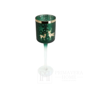 Dekoracyjny świecznik szklany kielich zielony gwiazdki renifery 30 cm