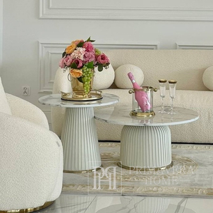 Coffee table, round, designer, glamor, for the living room, white, gold, KENDALL table set