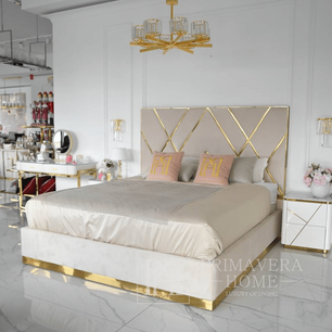 Łóżko glamour tapicerowane, nowoczesne, ze złotą listwą, beżowe 180x200cm IMPERIAL
