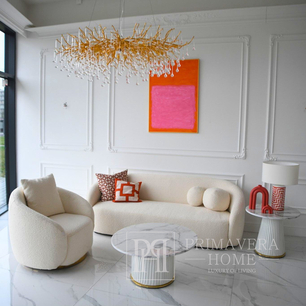 Šiuolaikinio dizaino pusapvalė sofa svetainei smėlio spalvos boucle MIAMI 210 cm