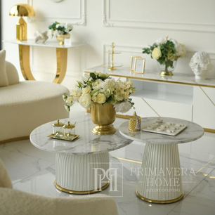 Kavos staliukas, apvalus, dizaineris, glamour, svetainei, smėlio spalvos, auksinis, staliukas KENDALL 
