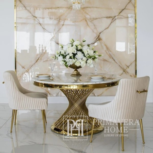 Krzesło glamour z kołatką, nowoczesne, tapicerowane, designerskie, do jadalni, do toaletki, beżowe złote PALOMA