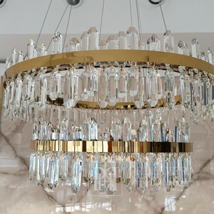 Krištolo sietynas, spalvingas, auksinis, dizaineris, išskirtinis modernaus stiliaus, apvalus dviejų aukštų pakabinamas šviestuvas BULGARI XL