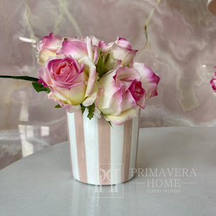 Pink ceramic flowerpot with stripes 