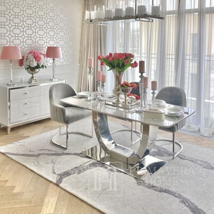 Išskirtinis žavingas stalas valgomajam, modernus, dizainerių sukurtas, balto marmuro stalviršis, sidabrinis ART DECO