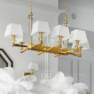 Żyrandol glamour ELEGANZA 100 cm klasyczny kryształowy,  luksusowy z białymi abażurami do jadalni, złoty OUTLET 