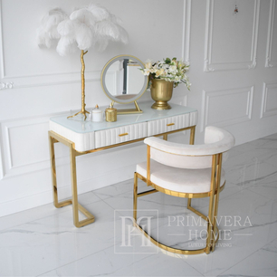 Glamour konsolė, tualetinis staliukas miegamajam, persirengimo kambariui, modernus, smėlio spalvos, su stalčiumi, su auksiniu veidrodžiu AMORE OUTLET 
