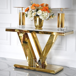 Gold console, modern, white marble top, glamour, LV COLLECTION OUTLET 