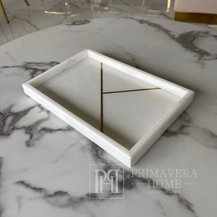 Rectangular marble tray, gold decorative stripes 