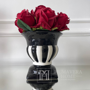 Juodas keraminis gėlių vazonas su baltų juostelių apdaila, 16,5 cm 