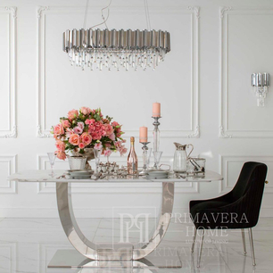 Stół glamour ekskluzywny do jadalni, nowoczesny, designerski, biały blat marmurowy, srebrny ART DECO 