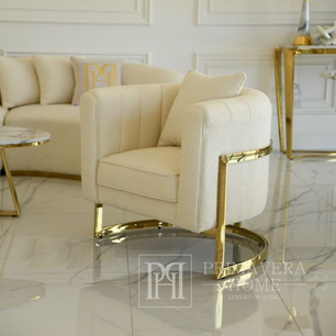 Modern, stylish, designer glamor armchair for the living room and dining room, beige and gold boucle BENT 
