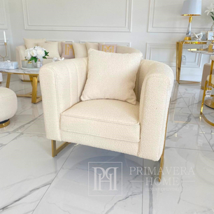 Modern, stylish, designer glamor armchair for the living room and dining room, beige and gold boucle BENT 