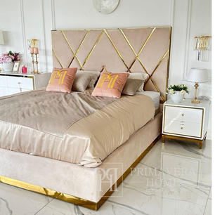 Łóżko glamour tapicerowane, nowoczesne, ze złotą listwą, beżowe 180x200cm IMPERIAL 