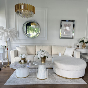 Sofa glamour nowoczesna narożna, do salonu, zaokrąglona, rozkładana, beżowa, wygodny narożnik boucle PARIS 