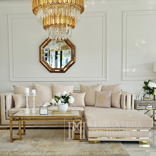 Kampinė sofa su lentjuostėmis, moderni kampinė sofa, svetainei, išplečiama, dizainerio auksinė, sidabrinė MONACO SU lentjuostėmis