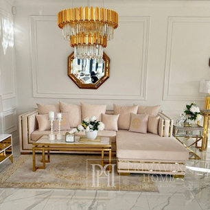 Sofa narożna z listwami, nowoczesny narożnik, do salonu, rozkładana, designerska złota, srebrna z listwami MONACO 