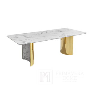 MILANO spalvingas stalas, išskirtinis valgomajam, modernus, balto marmuro stalviršis, auksinės marmurinės kojos