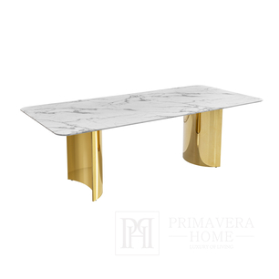MILANO glamour stalas, išskirtinis valgomajam, modernus, balto marmuro stalviršis, auksinės kojos