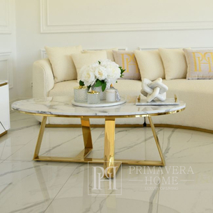 Glamūrinis auksinis, modernus, ovalus kavos staliukas 130cm NORMAN 
