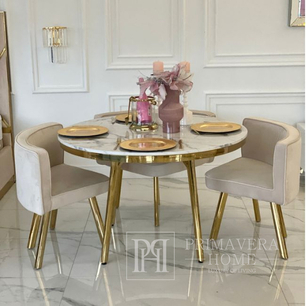 Dining table with chairs, glamour, round set, modern, white - gold SMART 