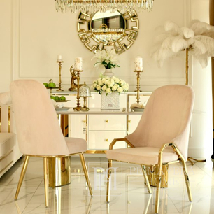 Glamor chair with armrests, modern, upholstered, designer, for the dining room, for the dressing table, beige gold SAVOY 