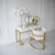 Glamour konsolė, tualetinis staliukas miegamajam, persirengimo kambariui, modernus, smėlio spalvos, su stalčiumi, su auksiniu veidrodžiu AMORE OUTLET 