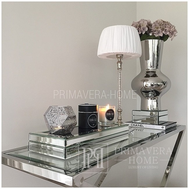 Glamor console, stainless steel, silver glass, to the CRISS CROSS XL hallway