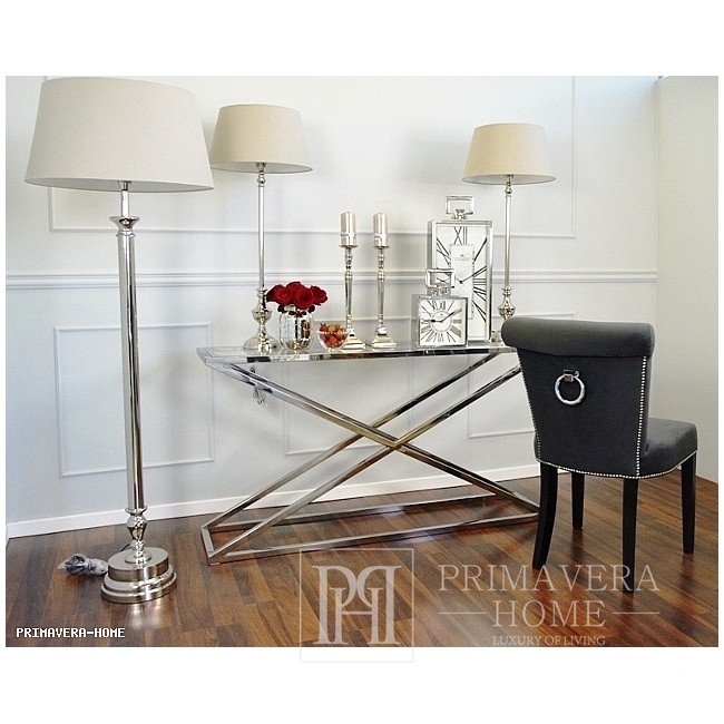 Glamor console, stainless steel, silver glass, to the CRISS CROSS XL hallway